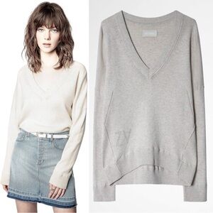 Zadig & Voltaire Brumy Smooth Knit Cotton V Neck Sweater Ecru Size Small Neutral